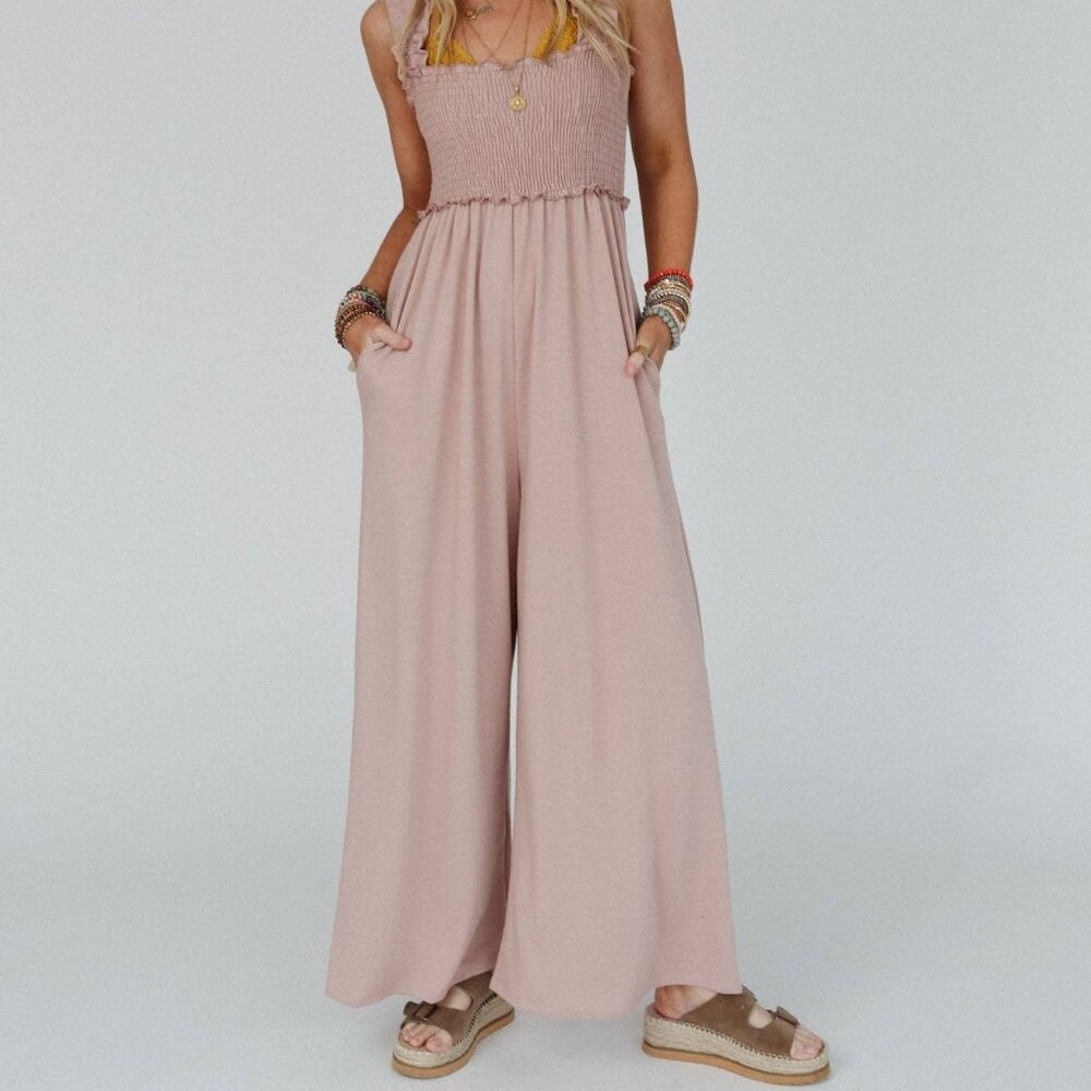 NWT THREE BIRD NEST Nothing Compares Smocked Ruffle Jumpsuit Dusty Rose Small - Picture 3 of 4